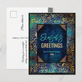 シックなターコイズフローラグリッタークリスマス新年 ポストカード (正面/裏面)