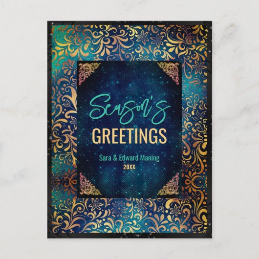 シックなターコイズフローラグリッタークリスマス新年 ポストカード (正面)