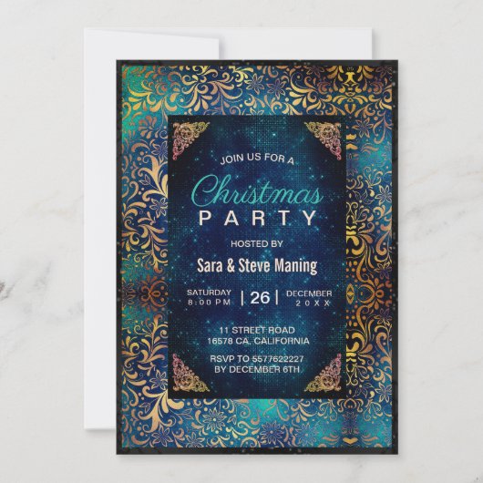 シックなターコイズフローラフェイク金ゴールドクリスマス 招待状 (正面)