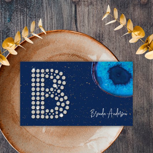 シックなダイヤモンドブルーアゲートイニシャルBレターモノグラム 名刺