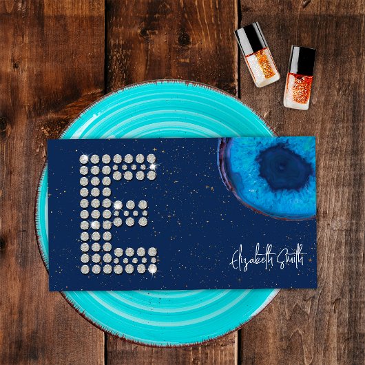 シックなダイヤモンドブルーアゲートイニシャルEレターモノグラム 名刺