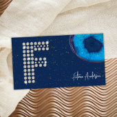 シックなダイヤモンドブルーアゲートイニシャルFレターモノグラム 名刺