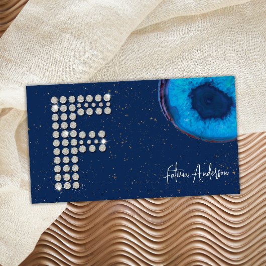 シックなダイヤモンドブルーアゲートイニシャルFレターモノグラム 名刺