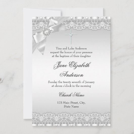 シックなダイヤモンドレースシルバーバプティスガール/ボーイ 招待状 (正面)