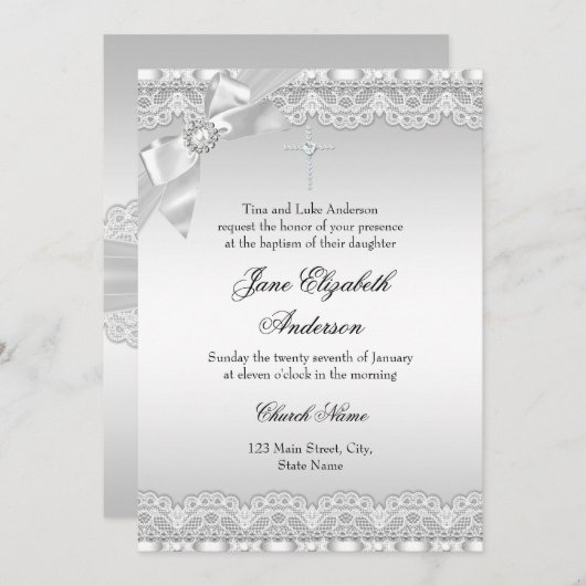 シックなダイヤモンドレースシルバーバプティスガール/ボーイ 招待状 (正面/裏面)