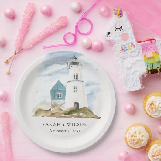 シックなダスキーアクアブルーライトハウスマウンテン結婚ズ ペーパープレート (パーティー)
