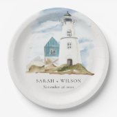 シックなダスキーアクアブルーライトハウスマウンテン結婚ズ ペーパープレート (正面)
