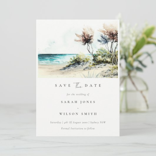 シックなダスキーコースタルパームビーチウォーターカラーシースケープ セーブザデート (スタンド正面)