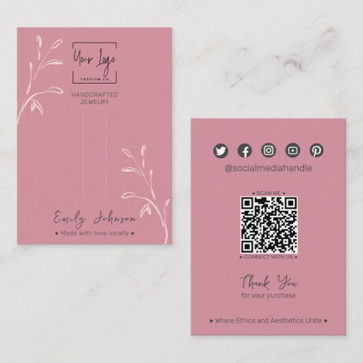 シックなダスキーピンクの葉のジュエリーヘアクリップディスプレイカード コーリングカード (正面/裏面)