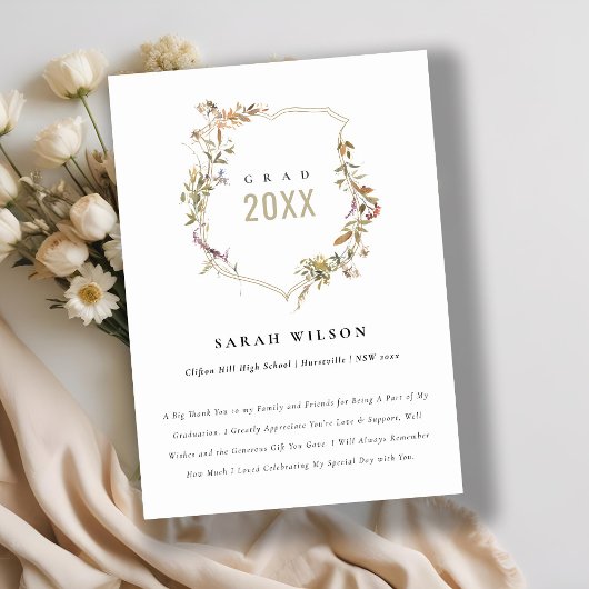 シックなダスキーピンク赤面ワイルドフラワークレスト卒業 サンキューカード