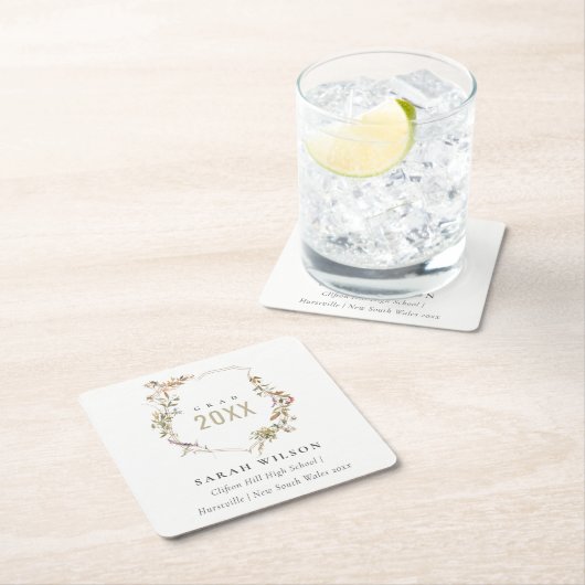 シックなダスキーピンク赤面ワイルドフラワークレスト卒業 スクエアペーパーコースター (インサイチュ)