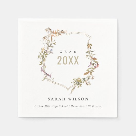 シックなダスキーピンク赤面ワイルドフラワークレスト卒業 スタンダードカクテルナプキン (正面)