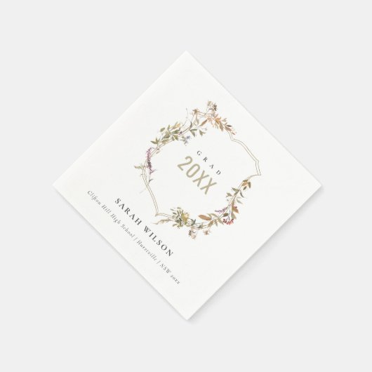 シックなダスキーピンク赤面ワイルドフラワークレスト卒業 スタンダードカクテルナプキン (角)