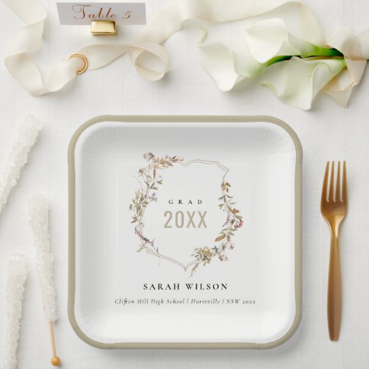 シックなダスキーピンク赤面ワイルドフラワークレスト卒業 ペーパープレート (ウェディング)