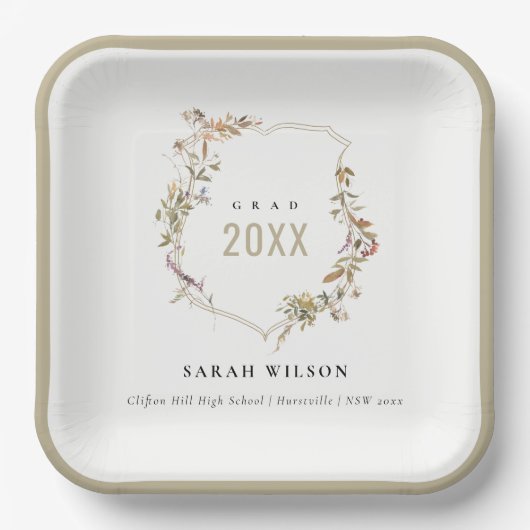 シックなダスキーピンク赤面ワイルドフラワークレスト卒業 ペーパープレート (正面)