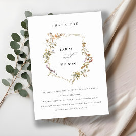 シックなダスキーピンク赤面ワイルドフラワークレスト結婚ズ サンキューカード