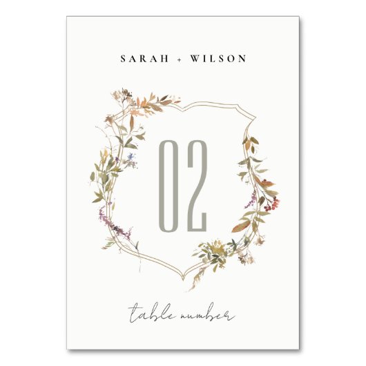 シックなダスキーピンク赤面ワイルドフラワークレスト結婚ズ テーブルナンバー (正面)