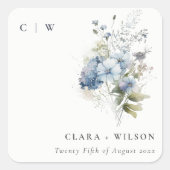 シックなダスキーブルーウォーターコテージフローラ結婚ズ スクエアシール (正面)