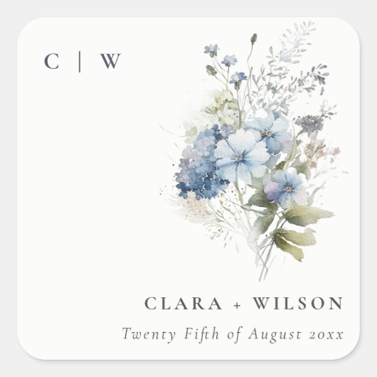シックなダスキーブルーウォーターコテージフローラ結婚ズ スクエアシール (正面)