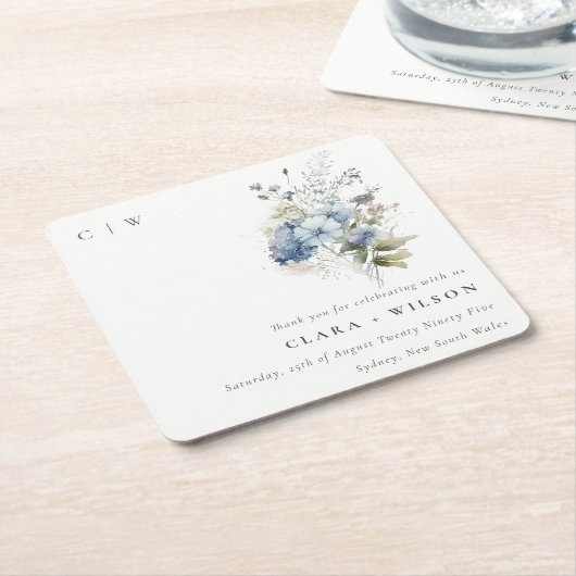 シックなダスキーブルーウォーターコテージフローラ結婚ズ スクエアペーパーコースター (アングル)