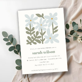 シックなダスキーブルーレトロミニマルフローラベビーシャワー 招待状