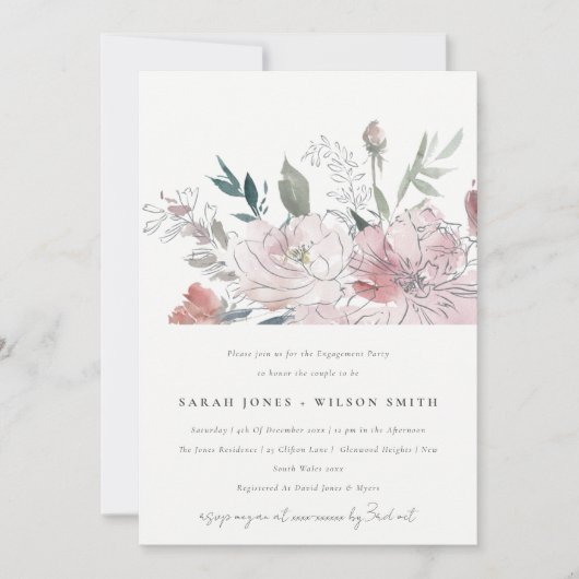 シックなダスキー赤面ウォーターカラーフローラ婚約 招待状 (正面)