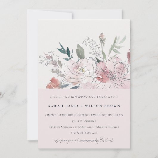 シックなダスキー赤面ウォーターカラーフローラ記念日 招待状 (正面)