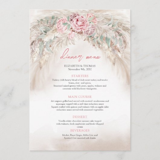 シックなダスティピンクのバラセージ緑のパンパスメニュー メニュー (正面)