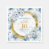シックなダスティーブルーSweet sixteen金ゴールドグリッターナプキンス スタンダードカクテルナプキン (正面)