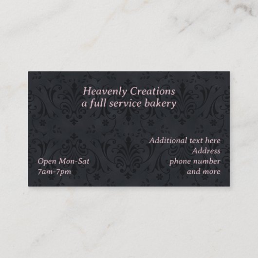 シックなダマスクとケファンシーーキベーカリー名刺 名刺 (裏面)