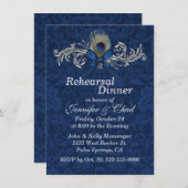 シックなダマスクと孔雀の羽結婚のリハーサル 招待状 (正面/裏面)
