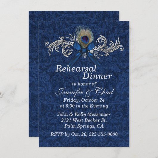 シックなダマスクと孔雀の羽結婚のリハーサル 招待状 (正面/裏面)