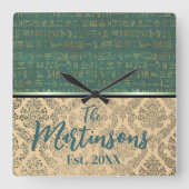 シックなダマスクエジプト象形文字ファミリ名 スクエア壁時計 (正面)