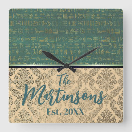 シックなダマスクエジプト象形文字ファミリ名 スクエア壁時計