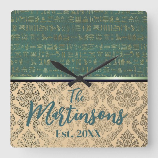 シックなダマスクエジプト象形文字ファミリ名 スクエア壁時計 (正面)