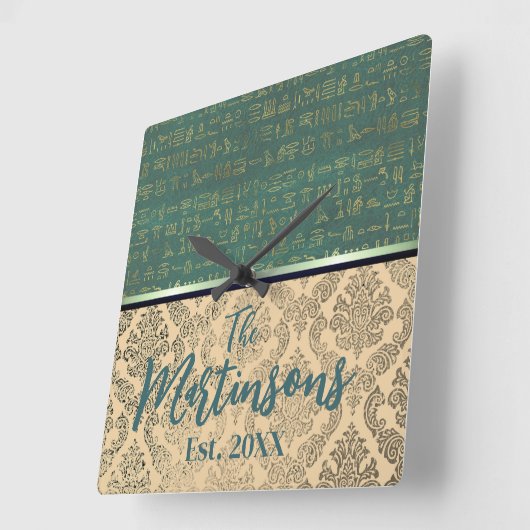 シックなダマスクエジプト象形文字ファミリ名 スクエア壁時計 (傾斜)