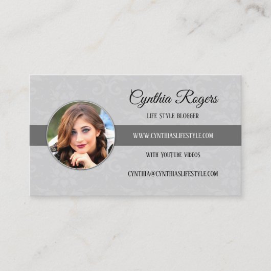 シックなダマスクグレー写真ブロガーの名刺 名刺 (正面)