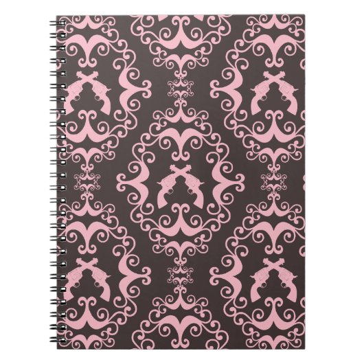 シックなダマスク織のピンクの黒い銃のグランジな西部のピストル ノートブック (正面)