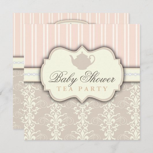 シックなダマスク織のヴィンテージのベビーシャワーの茶招待状 招待状 (正面/裏面)