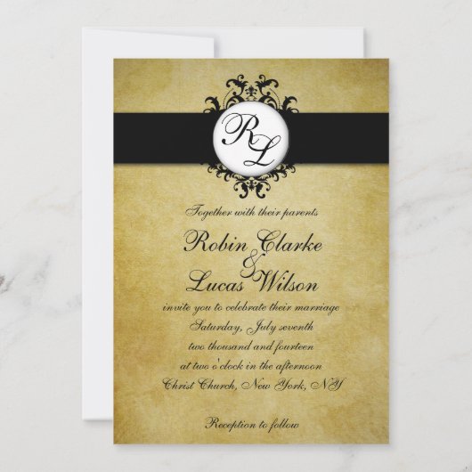 シックなダマスク織のヴィンテージのモノグラムの結婚式の写真 招待状 (裏面)
