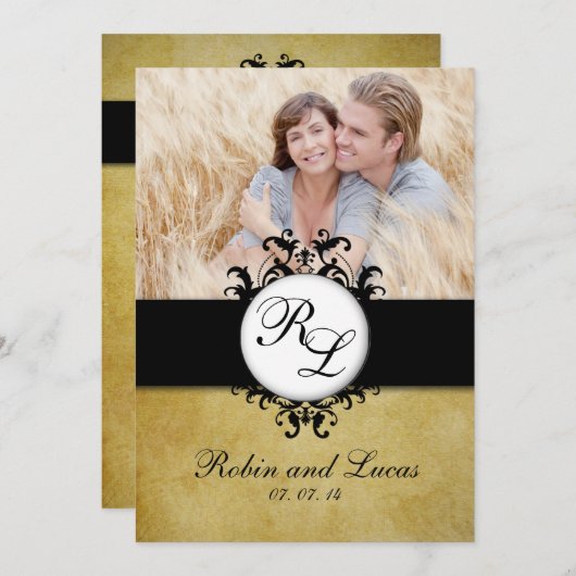 シックなダマスク織のヴィンテージのモノグラムの結婚式の写真 招待状 (正面/裏面)