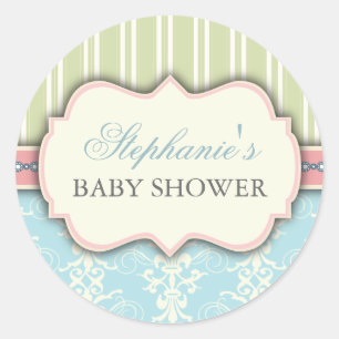 シックなダマスク織及びストライプのベビーシャワーの好意のステッカー ラウンドシール