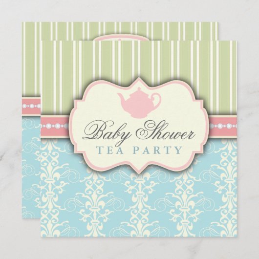 シックなダマスク織及びストライプのベビーシャワーの茶招待状 招待状 (正面/裏面)