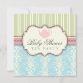 シックなダマスク織及びストライプのベビーシャワーの茶招待状 招待状 (正面)