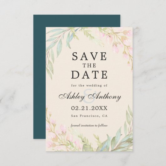 シックなダークエメラルドとピンクエレガントフローラ セーブザデート (正面/裏面)