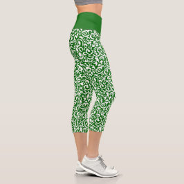 シックなダークグリーンホワイトダマスクフローラアートパターン カプリレギンス