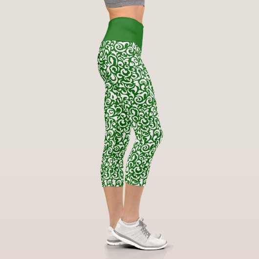 シックなダークグリーンホワイトダマスクフローラアートパターン カプリレギンス (右)