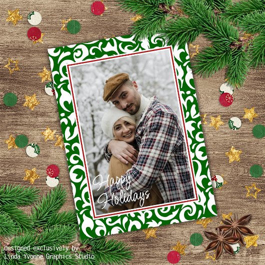 シックなダークグリーンホワイトダマスクフローラアートパターン カード