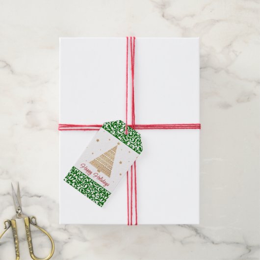 シックなダークグリーンホワイトダマスクフローラアートパターン ギフトタグ (より糸付き)