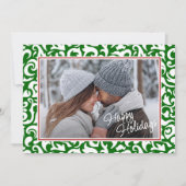 シックなダークグリーンホワイトダマスクフローラアートパターン シーズンカード (正面)